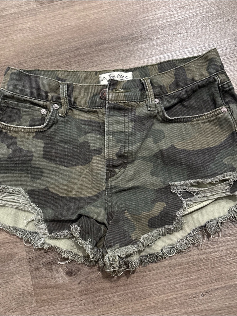 We the Free Camo Distressed Denim Shorts - Olive Camo
